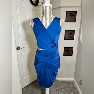 BEBE vintage royal blue sleeveless ruched cut out bodycon mini dress size small